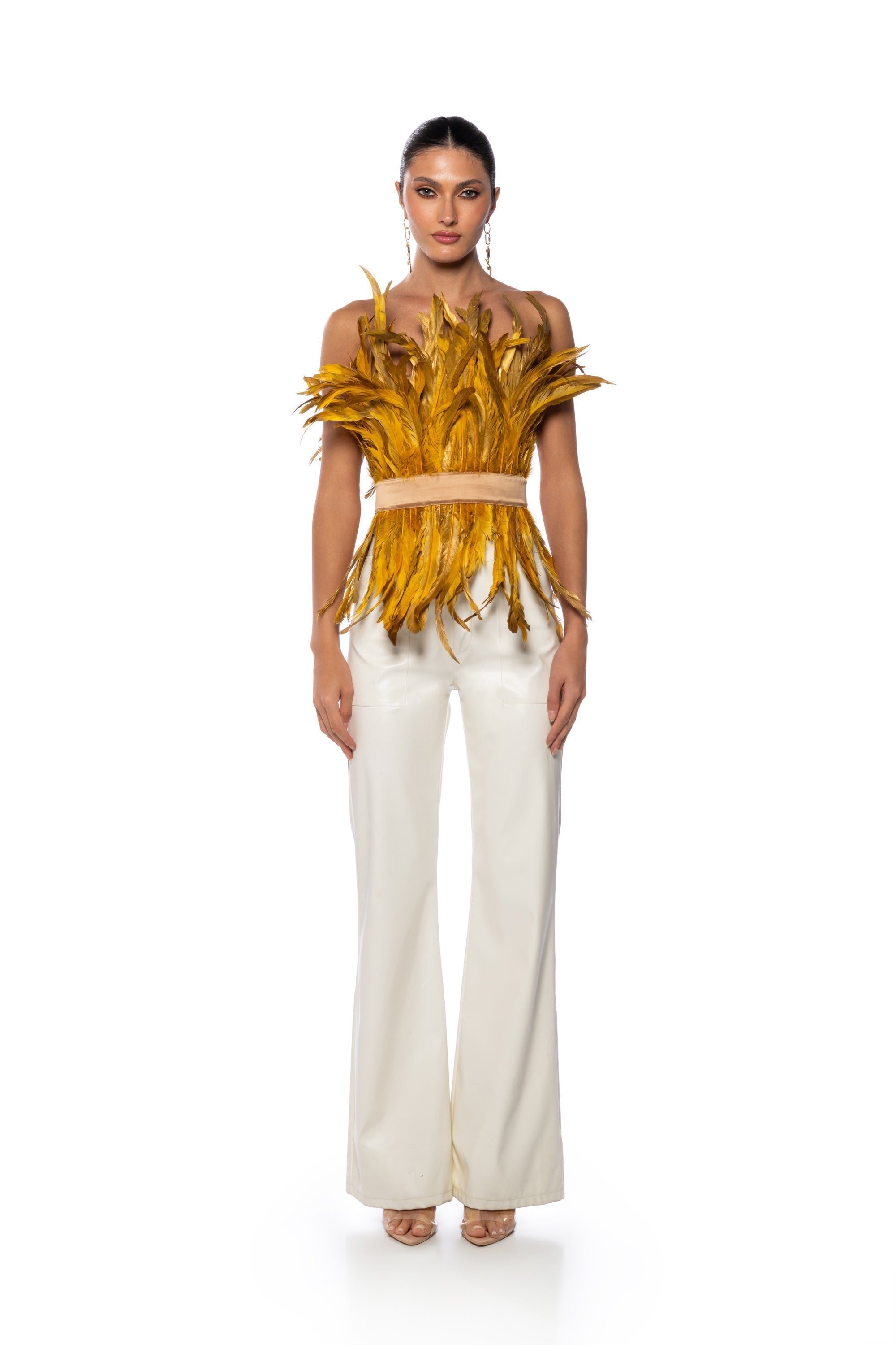 ISLA STATEMENT STRAPLESS FEATHER TOP