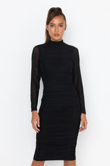 KEEP IT LOW KEY LONG SLEEVE MIDI RUCHED DRESS