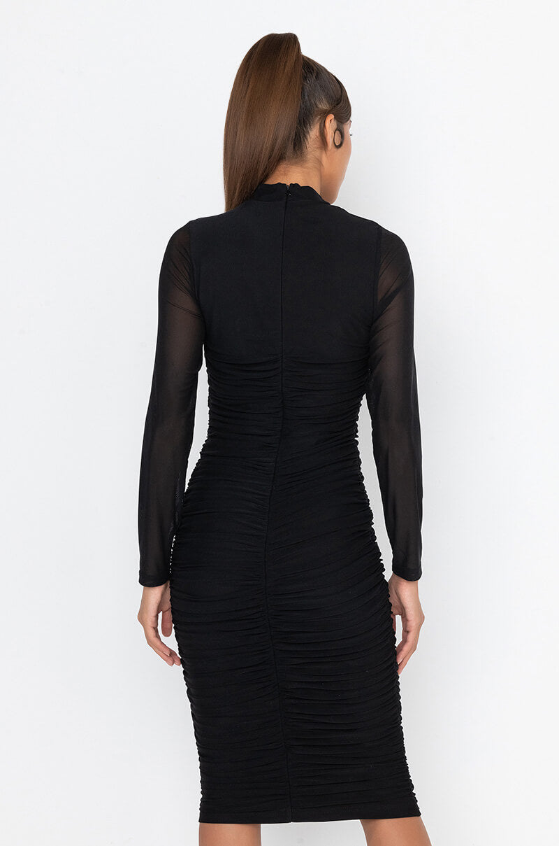KEEP IT LOW KEY LONG SLEEVE MIDI RUCHED DRESS