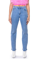 KICK BACK PINSTRIPE RHINESTONE WIDE LEG JEANS