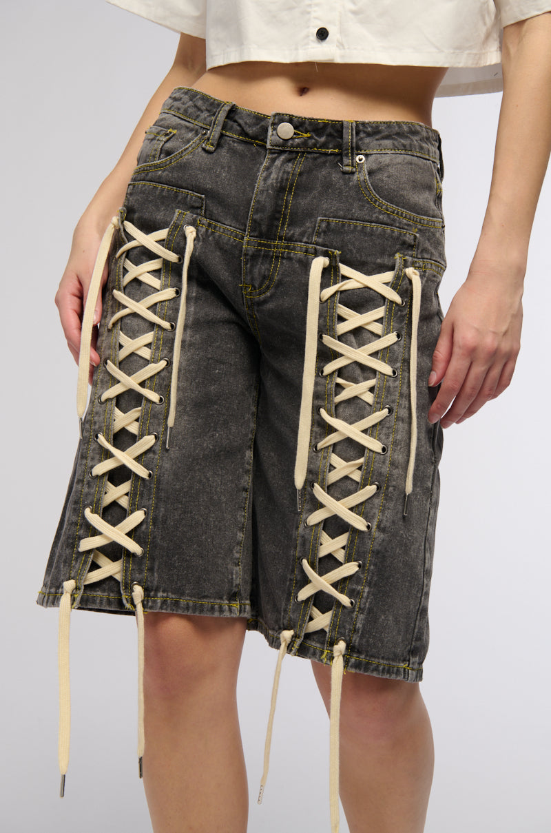 LACE ME UP DENIM BERMUDA SHORTS