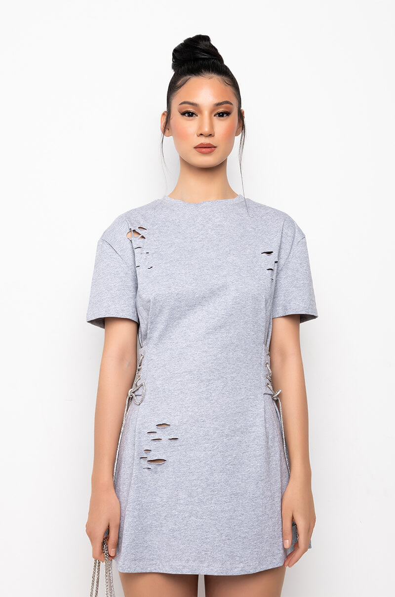 LACE UP RHINESTONE TSHIRT DRESS