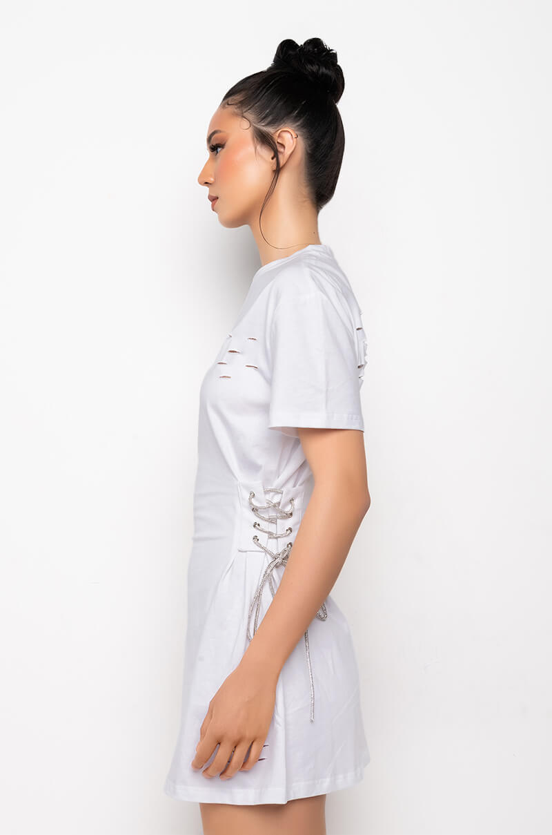 LACE UP RHINESTONE TSHIRT DRESS