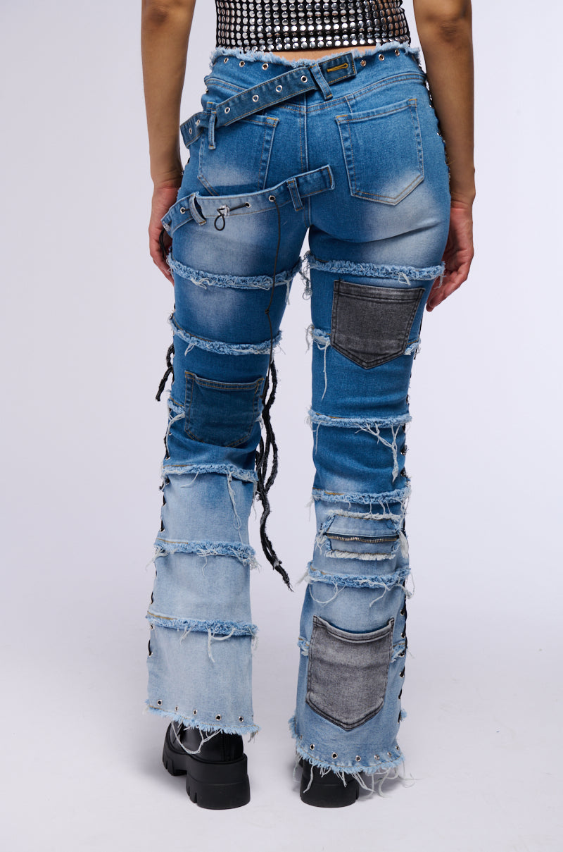 LAY LOW DISTRESSED DENIM FLARE PANT