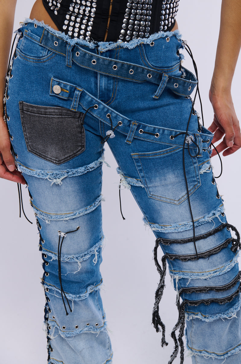 LAY LOW DISTRESSED DENIM FLARE PANT