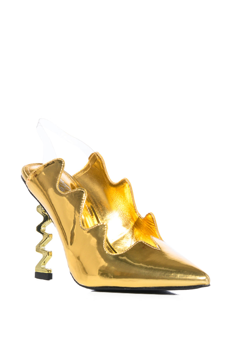 LIGHTNING STRIKE METALLIC SQUIGGLE HEEL PUMP IN GOLD