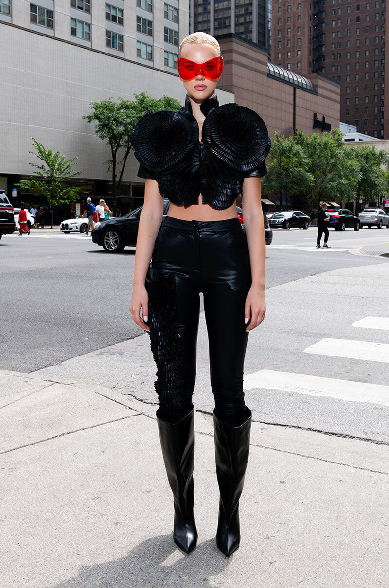 LOTUS FLOWER BOMB FAUX LEATHER FLARE PANT