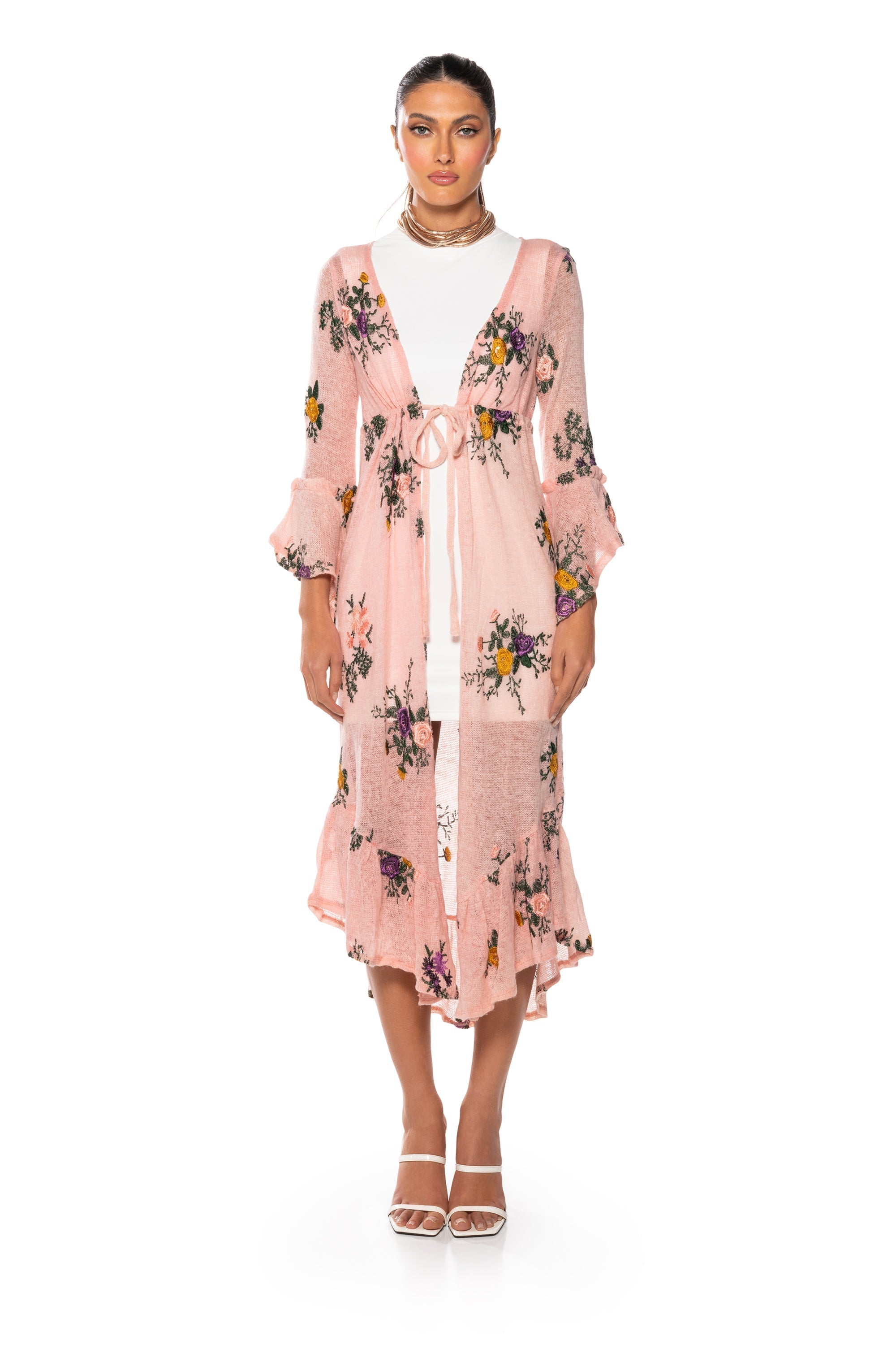 MISS HONEY LONG SLEEVE FLORAL DUSTER SWEATER