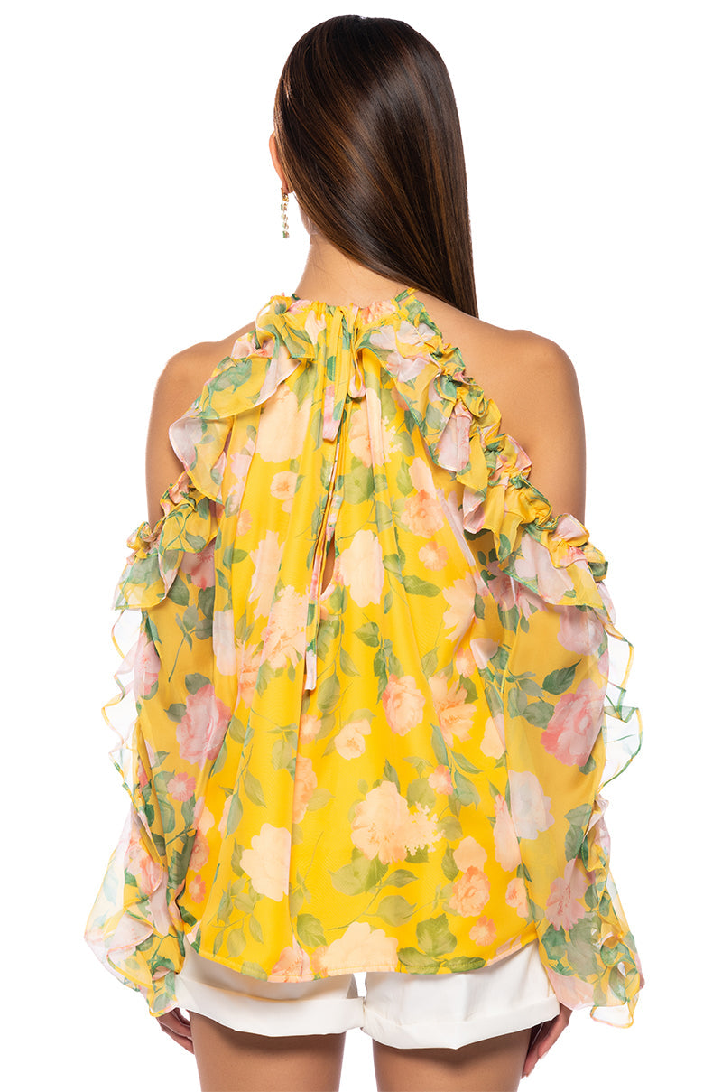 MISTY FLORAL PRINT COLD SHOULDER CHIFFON BLOUSE