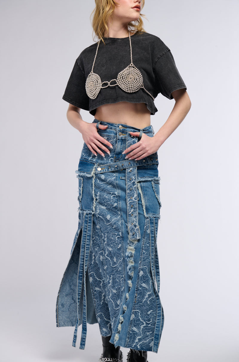 MIXED MEDIA DENIM MAXI SKIRT