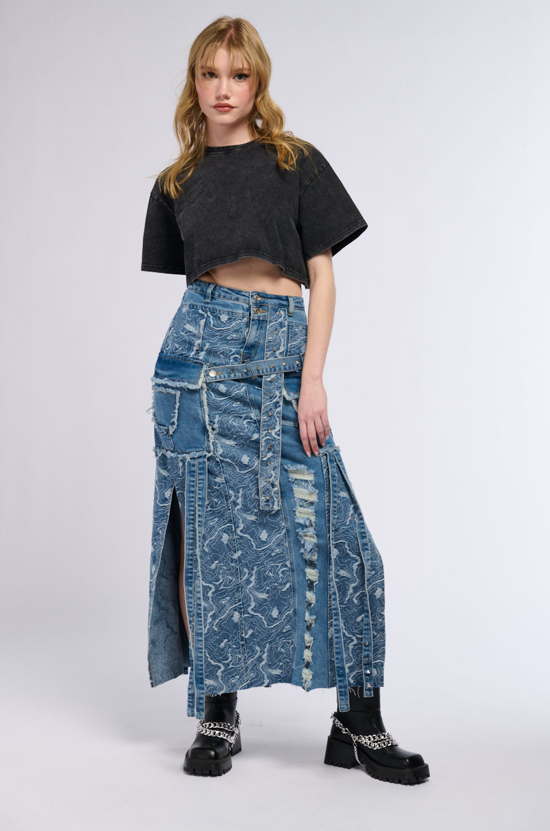 MIXED MEDIA DENIM MAXI SKIRT