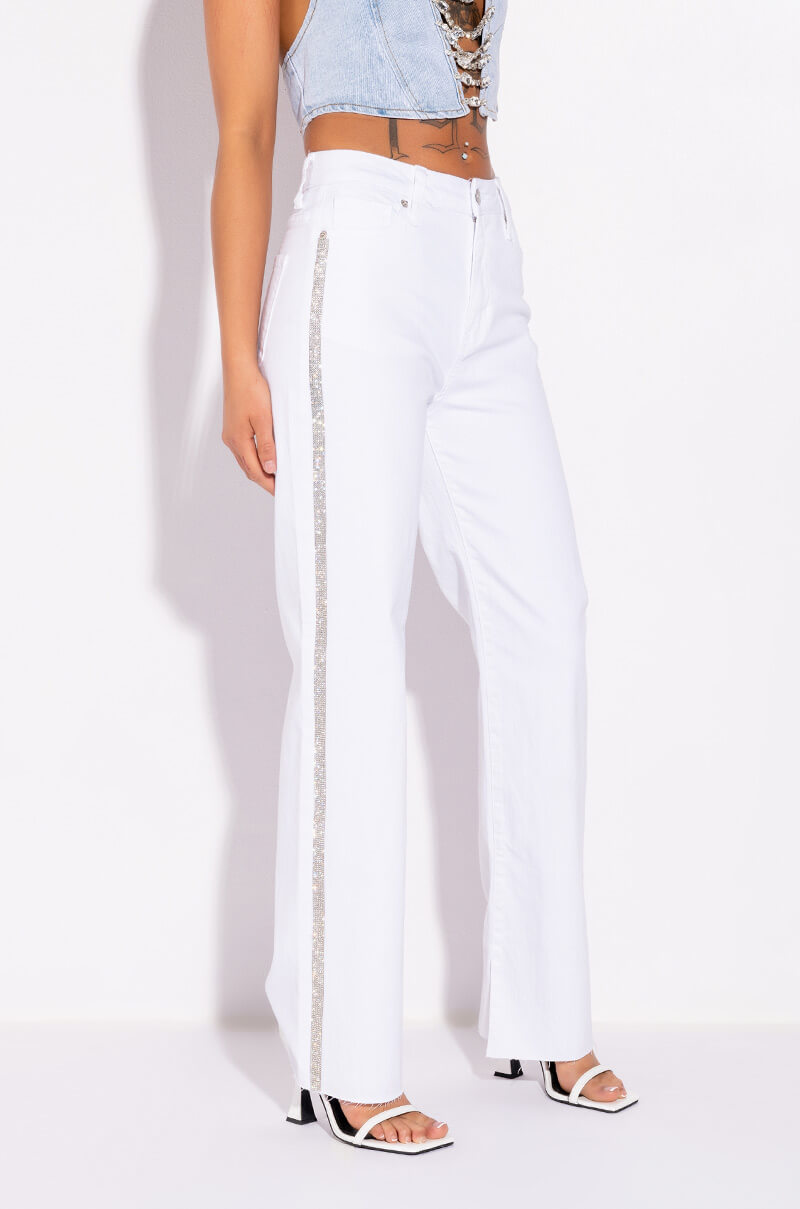 MOONWALKER RHINESTONE HIGH RISE SIDE SLIT STRAIGHT LEG JEANS