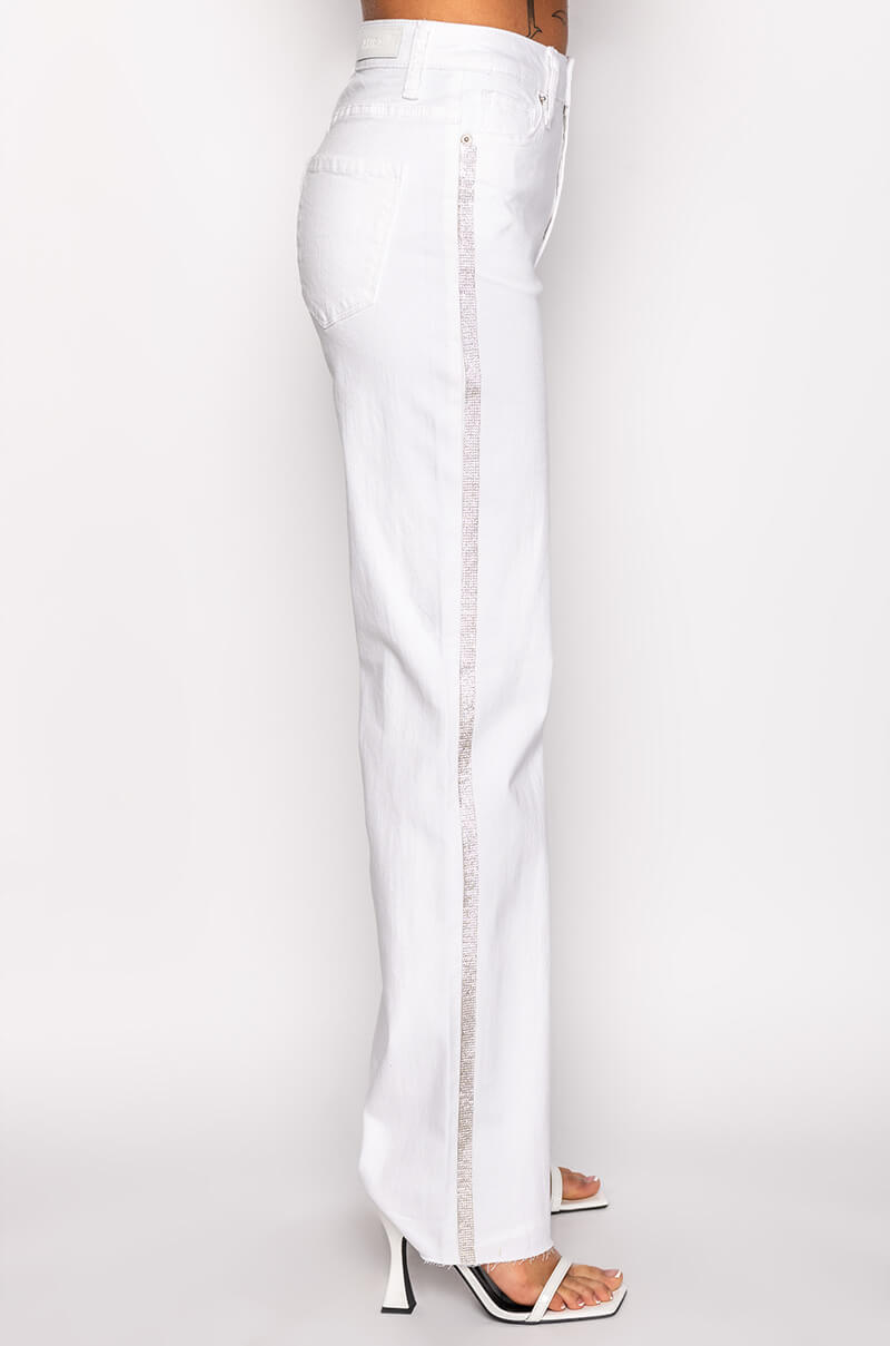 MOONWALKER RHINESTONE HIGH RISE SIDE SLIT STRAIGHT LEG JEANS