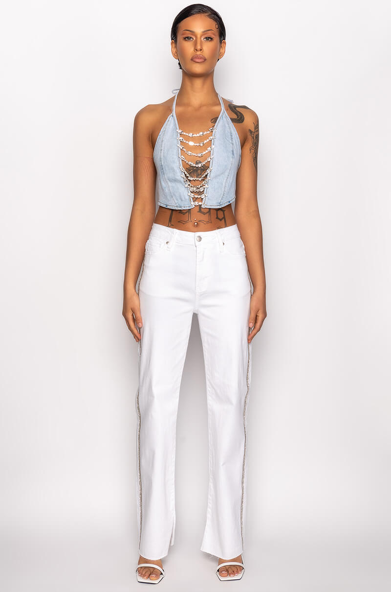 MOONWALKER RHINESTONE HIGH RISE SIDE SLIT STRAIGHT LEG JEANS
