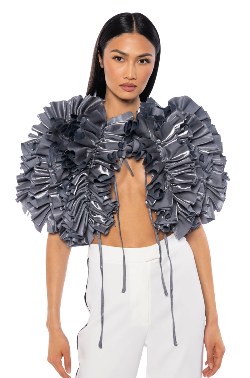 MUST BE DREAMING DENIM RUFFLE CROP BLOUSE