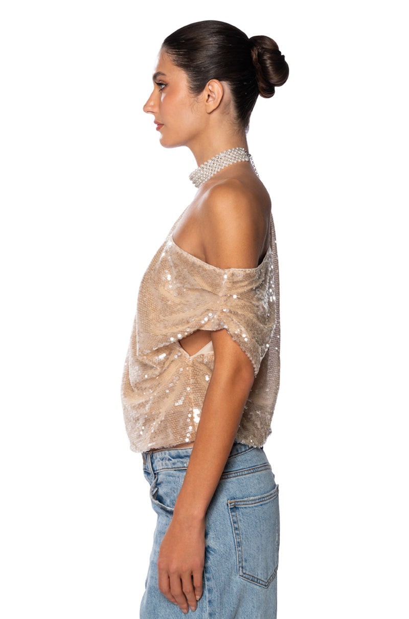 MY WORLD ASYMMETRICAL SEQUIN TOP