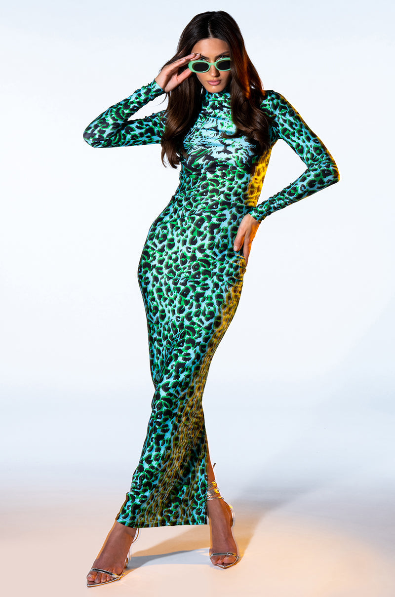 NALA ANIMAL PRINT LONG SLEEVE BODYCON MAXI DRESS
