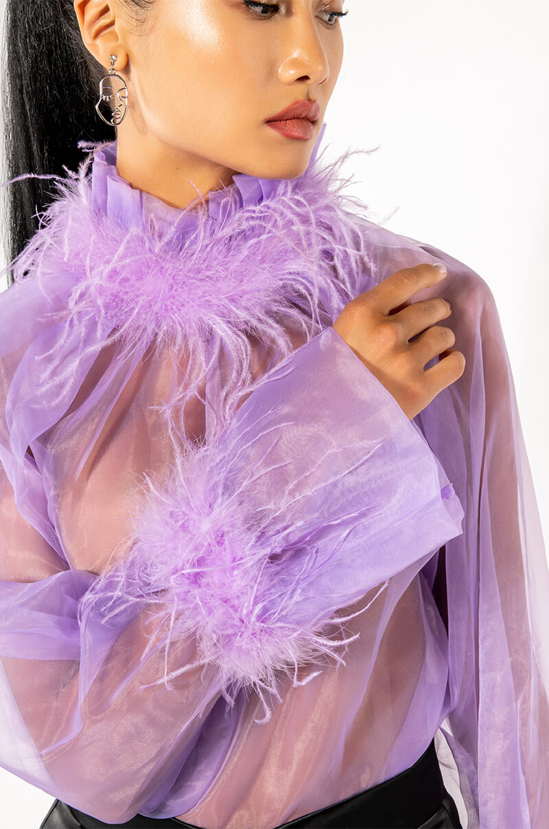 NICE TO MEET YOU FEATHER TRIM LONG SLEEVE ORGANZA BLOUSE