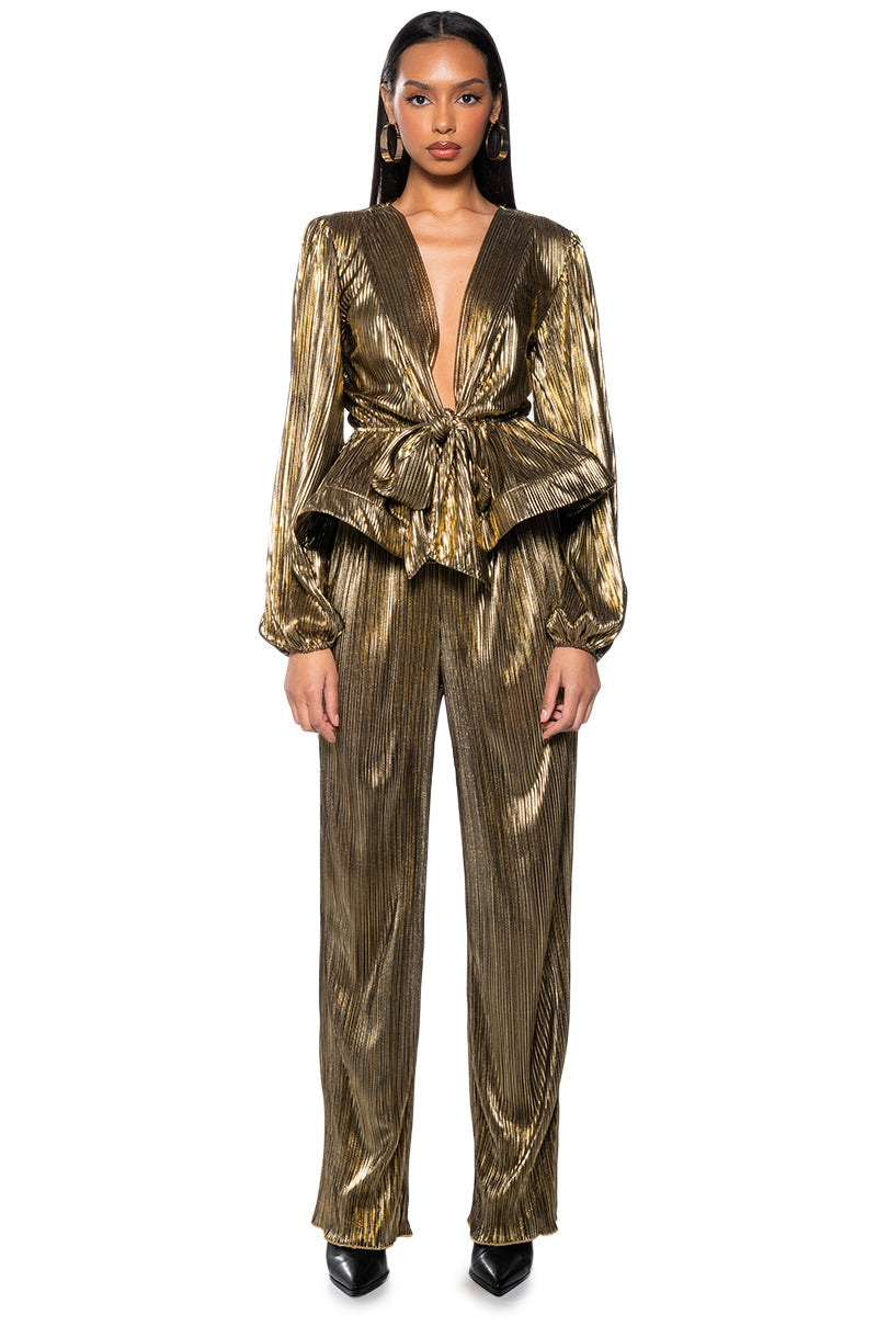 NOEL TIE PLEATED TIE FRONT METALLIC BLOUSE