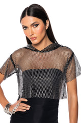 NORTH STAR RHINESTONE MESH HOODED CROP TOP
