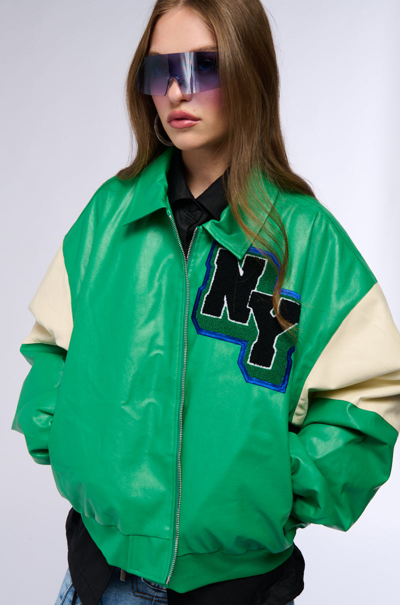 NUEVA YORK VARSITY PATCH FAUX LEATHER BOMBER JACKET
