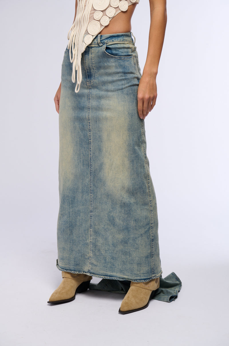 OH THE DRAMA DENIM MAXI SKIRT WITH TRAIN