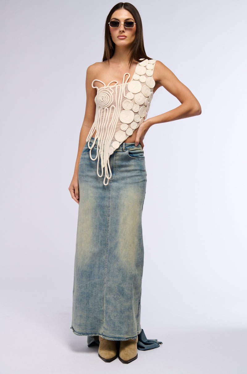 OH THE DRAMA DENIM MAXI SKIRT WITH TRAIN