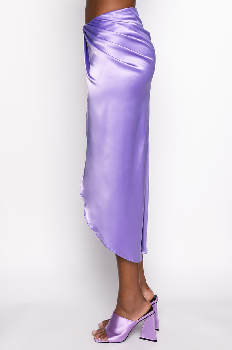 ON MY LEVEL WRAP FRONT SATIN MIDI SKIRT