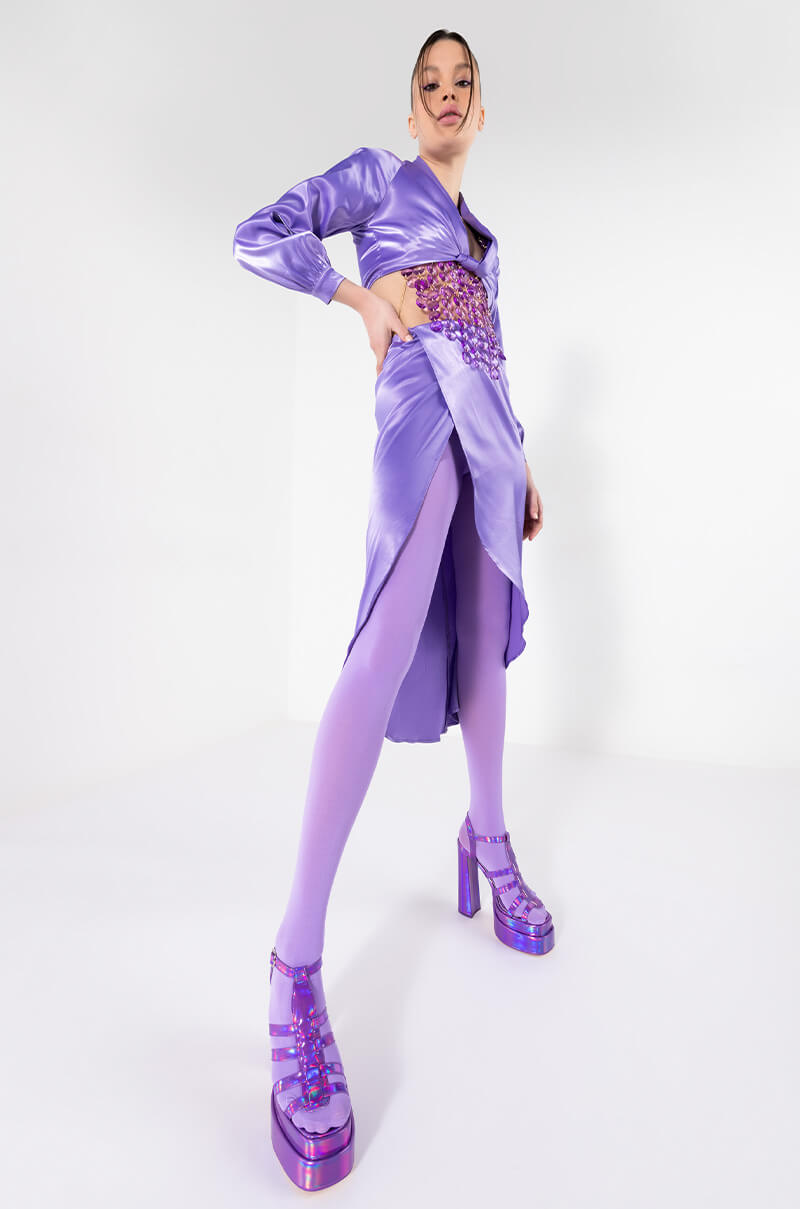 ON MY LEVEL WRAP FRONT SATIN MIDI SKIRT