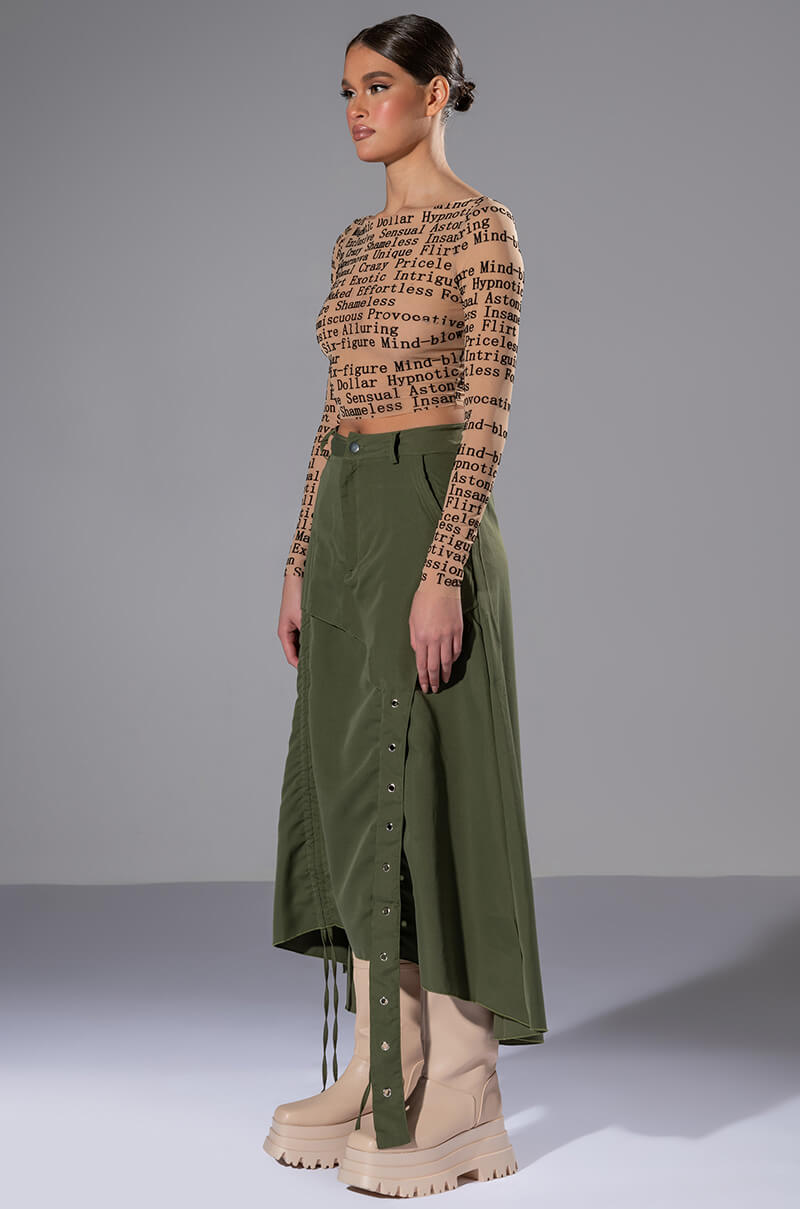 ON THE GO CINCHED OLIVE MIDI SKIRT