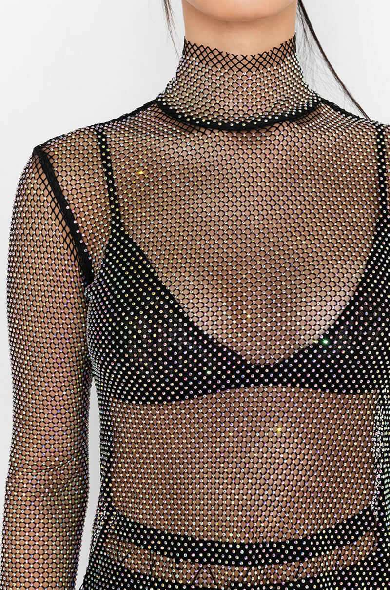 ON THE RISE MOCK NECK LONG SLEEVE RHINESTONE MESH BLOUSE
