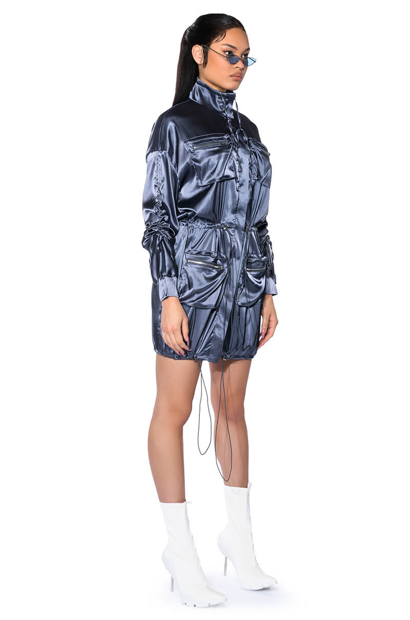 ON THE ROAD SATIN UTILITY MINI DRESS