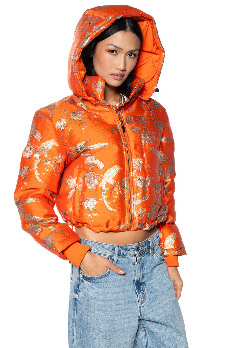 ORANGEY BROCADE PUFFER WITH REMOVEABLE HOOD