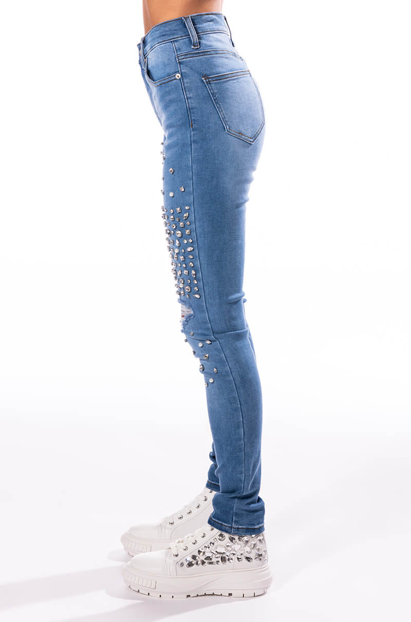 OUTTA THIS WORLD DISTRESSED RHINESTONE HIGH RISE SKINNY JEANS