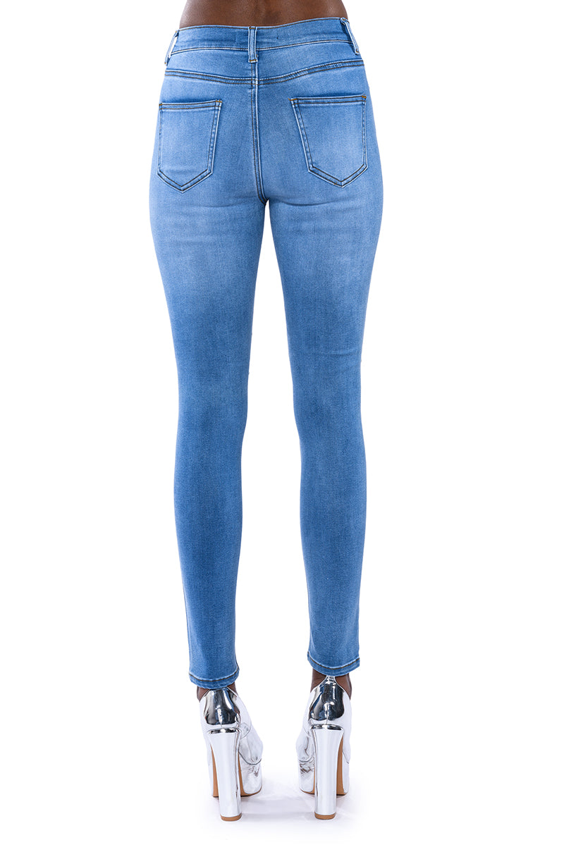 OUTTA THIS WORLD DISTRESSED RHINESTONE HIGH RISE SKINNY JEANS