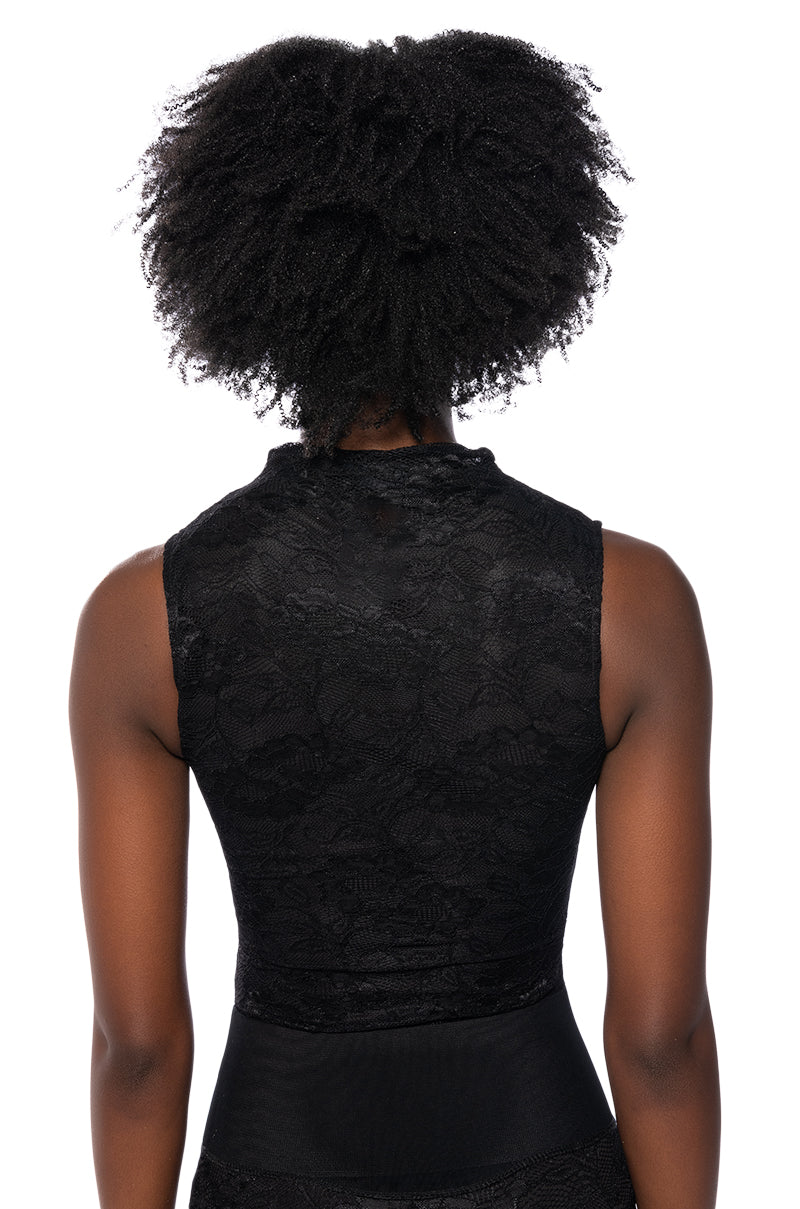 PHOENIX STRETCH LACE MOCK NECK BODYSUIT IN BLACK