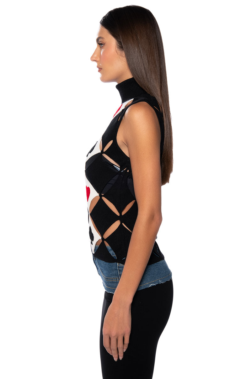 PLAYING CARDS TURTLENECK CUT OUT KNIT TOP
