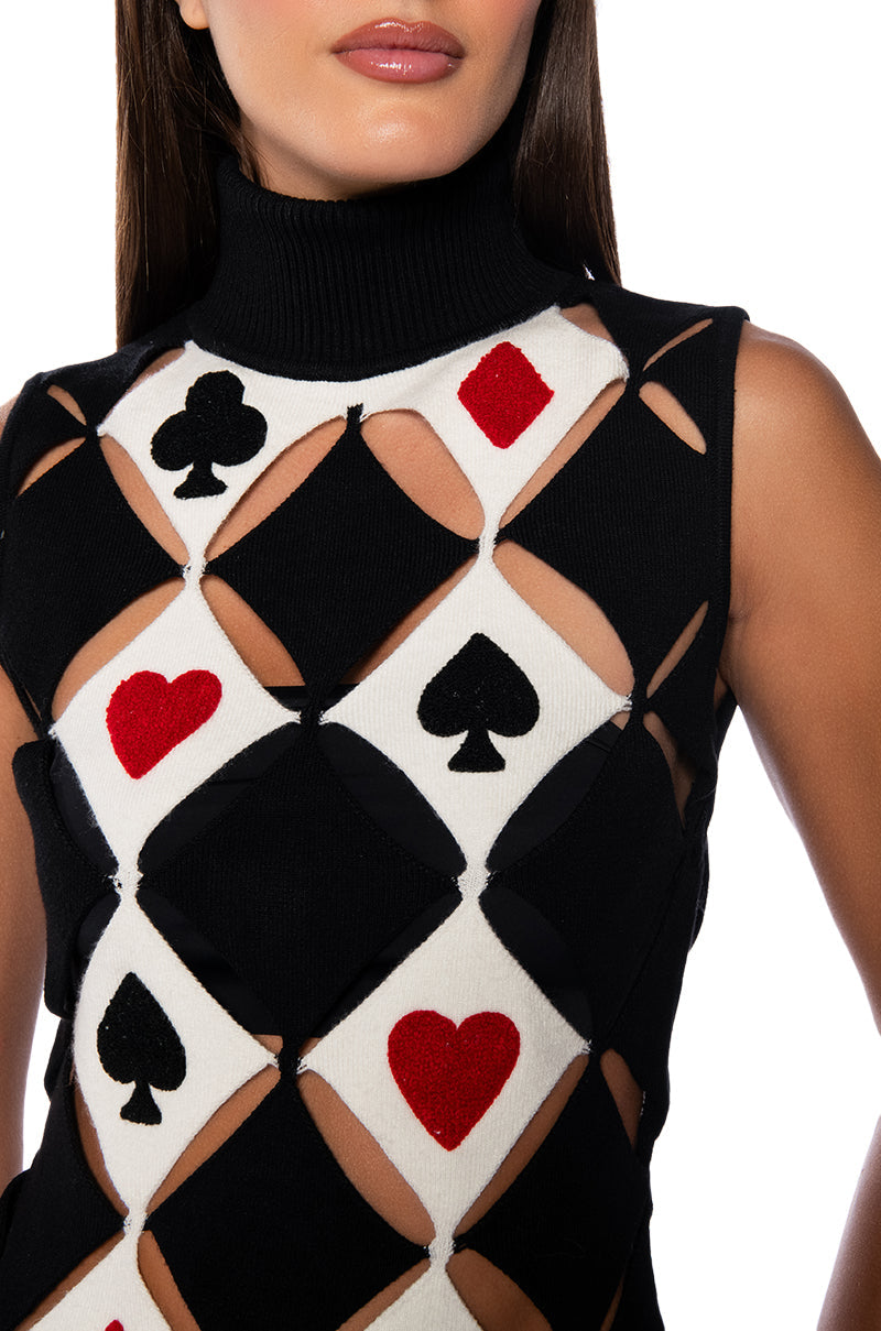 PLAYING CARDS TURTLENECK CUT OUT KNIT TOP