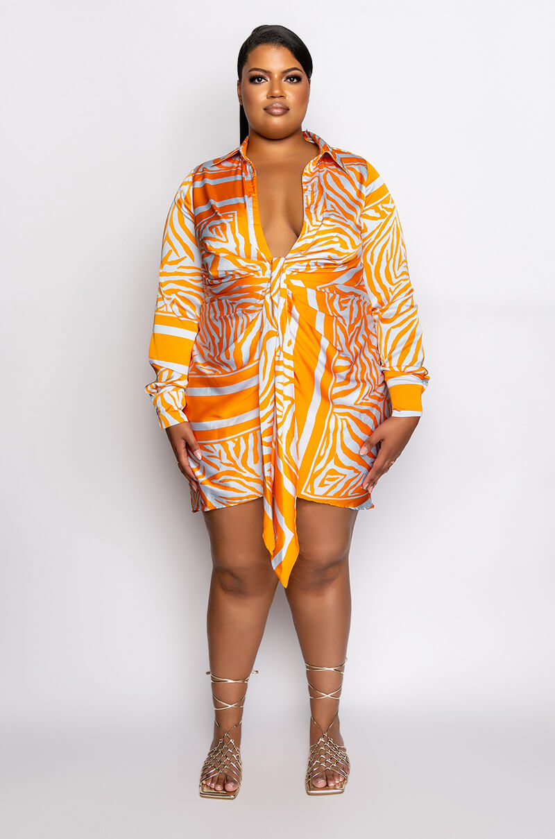 PLUS SHE IS WILD SATIN SHIRT DRESS