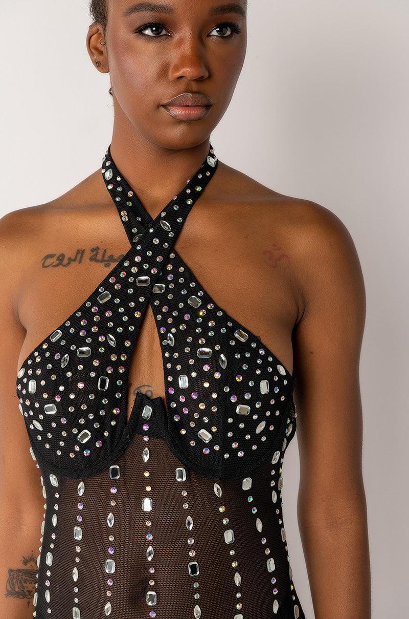 POP OUT RHINESTONE MESH MAXI DRESS WITH PEARLS