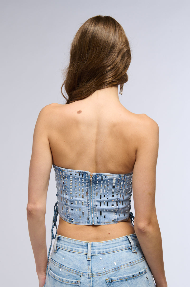 POPSTAR DENIM CORSET TOP WITH RHINESTONE