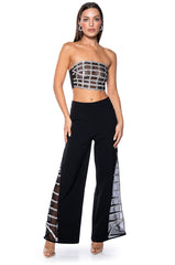 PREMIER RHINESTONE MESH PANEL SATIN WIDE LEG PANT
