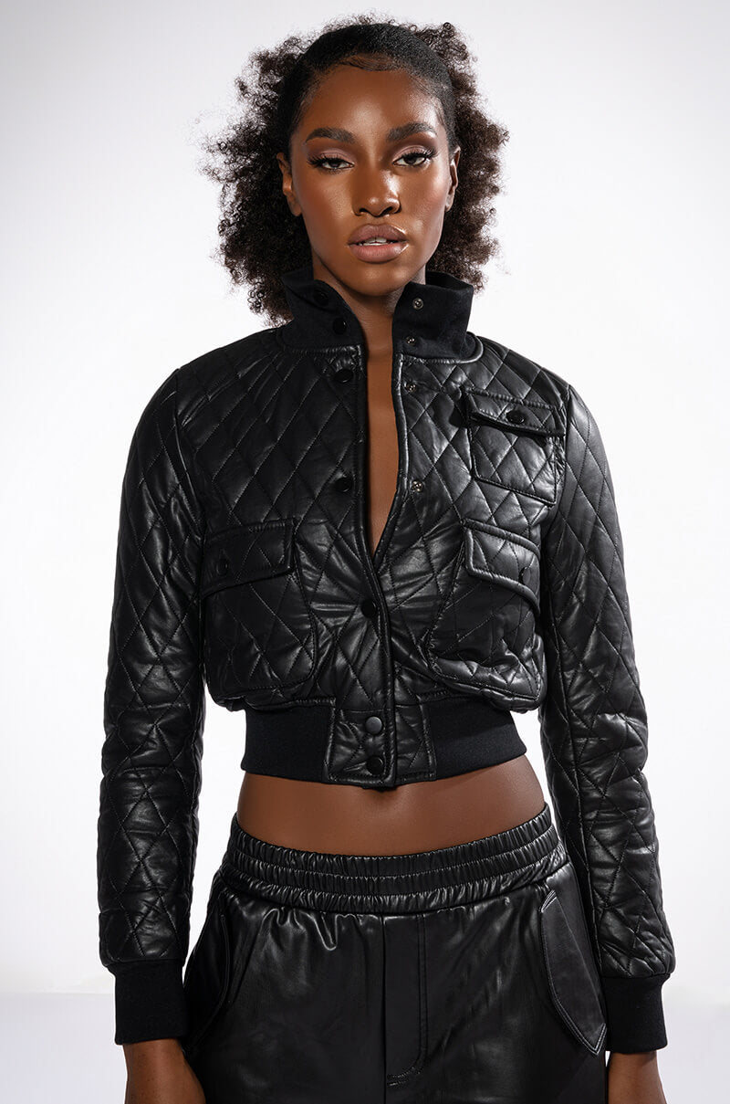 QUILTED CHOCOLATE PU BOMBER