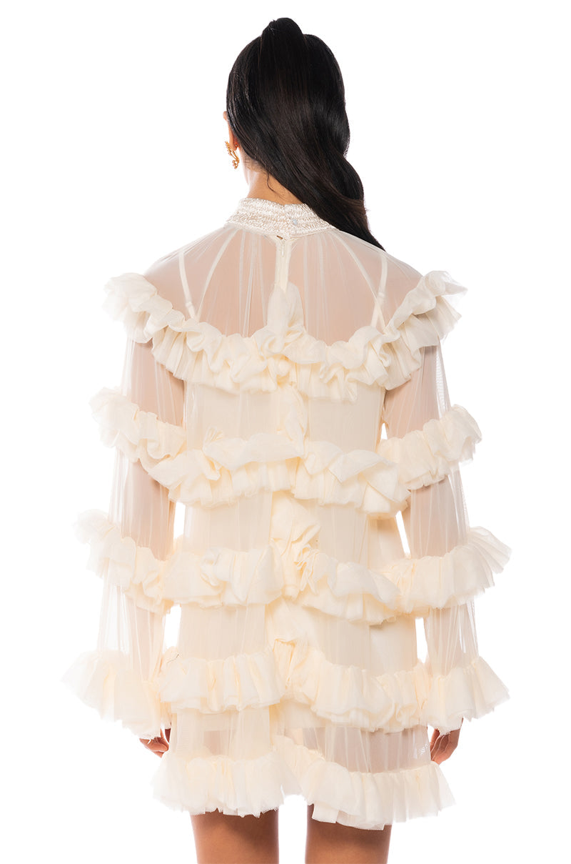 ROMANTIC LAYERED RUFFLES LONG SLEEVE MINI DRESS