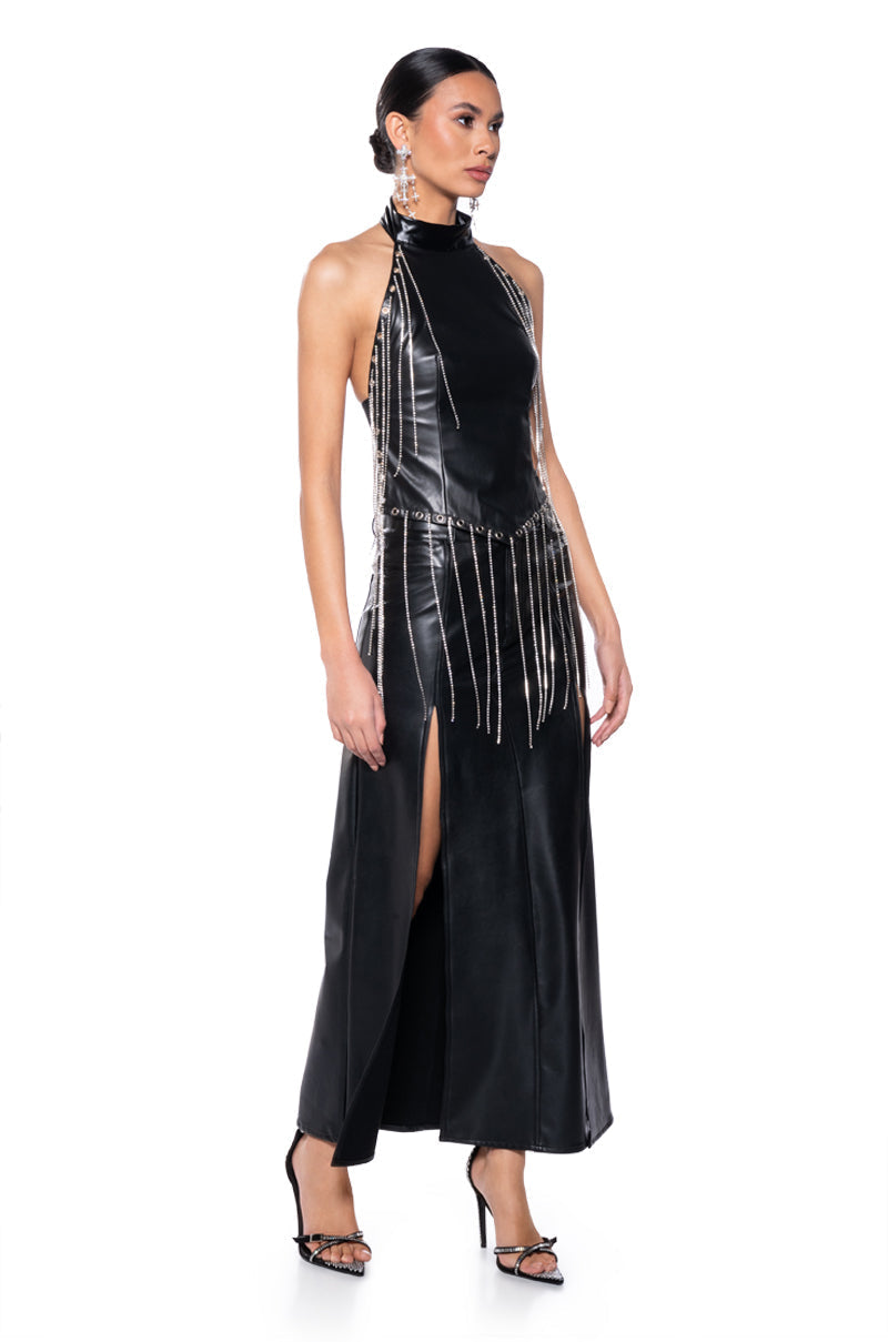 ROXANNE FAUX LEATHER RHINESTONE FRINGE HALTER TOP
