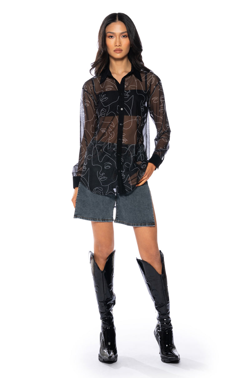 RUMI FACES SHEER BUTTON DOWN BLOUSE